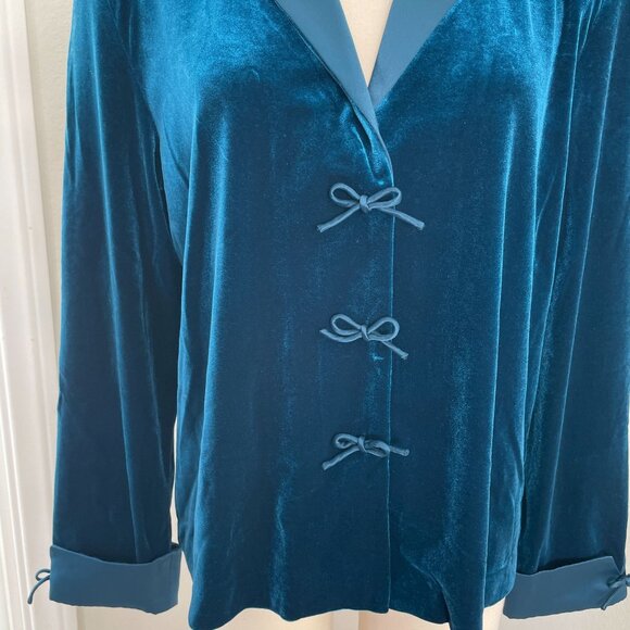 NEW Coldwater Creek Womens 14 Satin Bow Velvet Jacket Teal Blue Shoulder Pads - Picture 2 of 10
